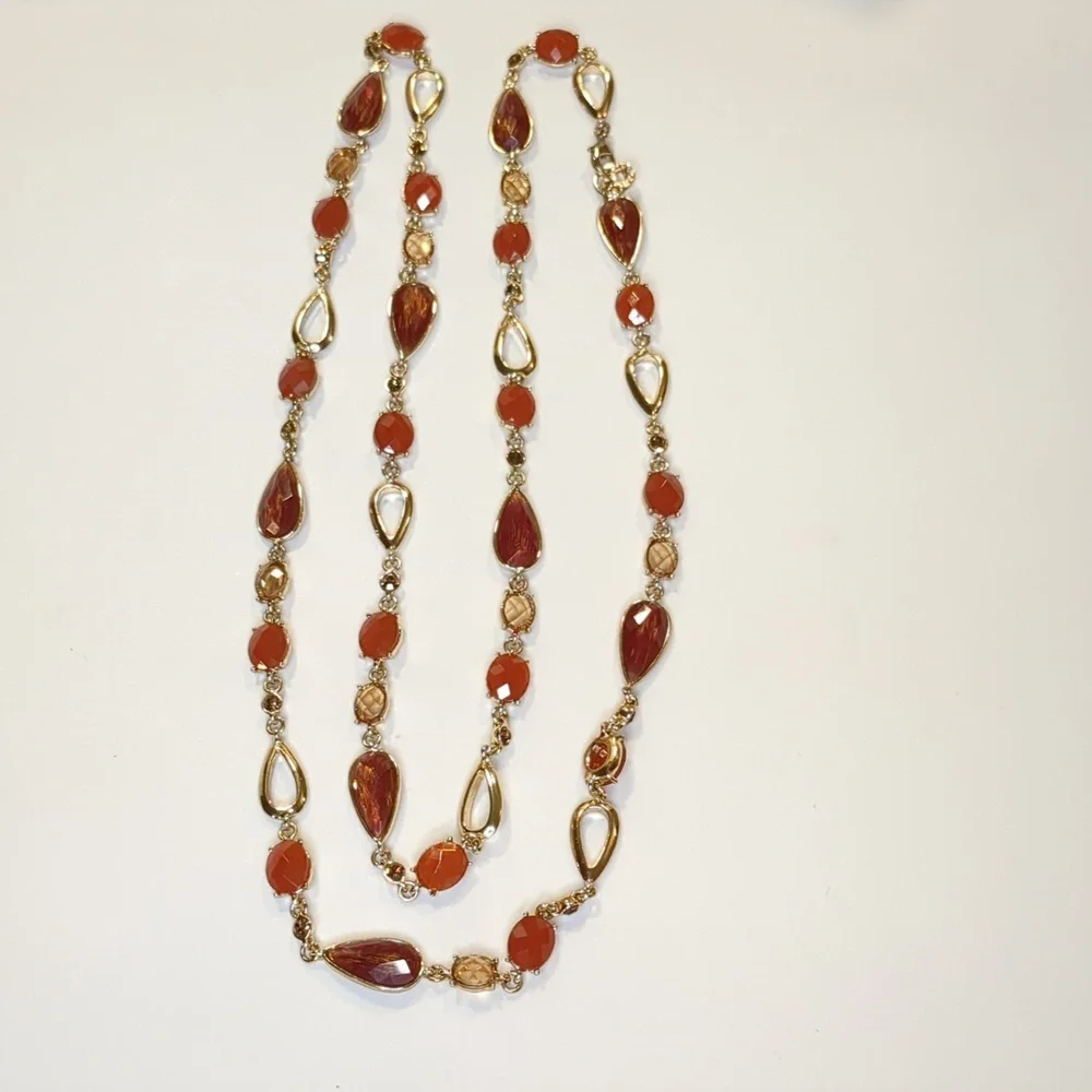 Vintage Anne Klein Amber Sautoir Necklace Extra Long Layered Gold Tone 84
